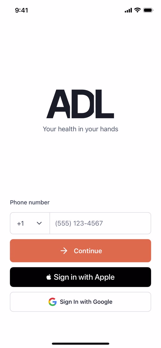 The ADL Activigram sign-in screen showing a phone number field and buttons for Apple and Google sign-in.