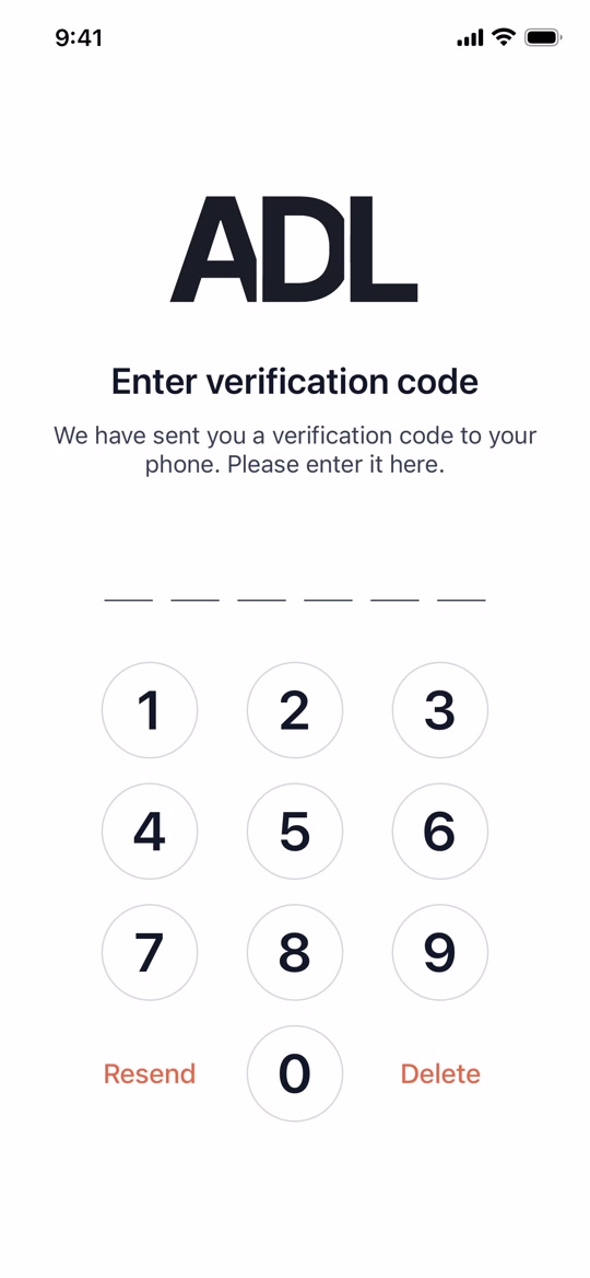 The verification code screen with a large number keypad for entering the 6-digit code.