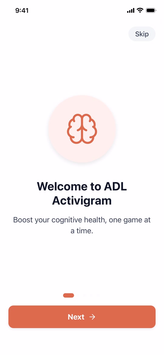 A welcome screen that says Welcome to ADL Activigram, Boost your cognitive health one game at a time.