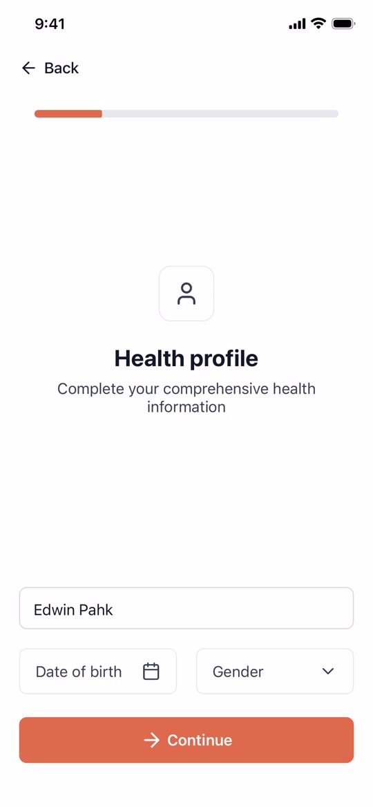 The Health Profile screen with fields for name, date of birth, and gender.