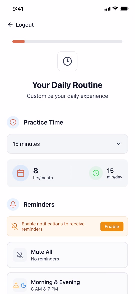 The Your Daily Routine screen showing a 15 minute practice time selector and reminder options.