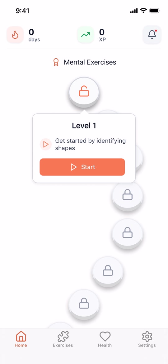 The home screen showing Mental Exercises with Level 1 unlocked and a Start button.